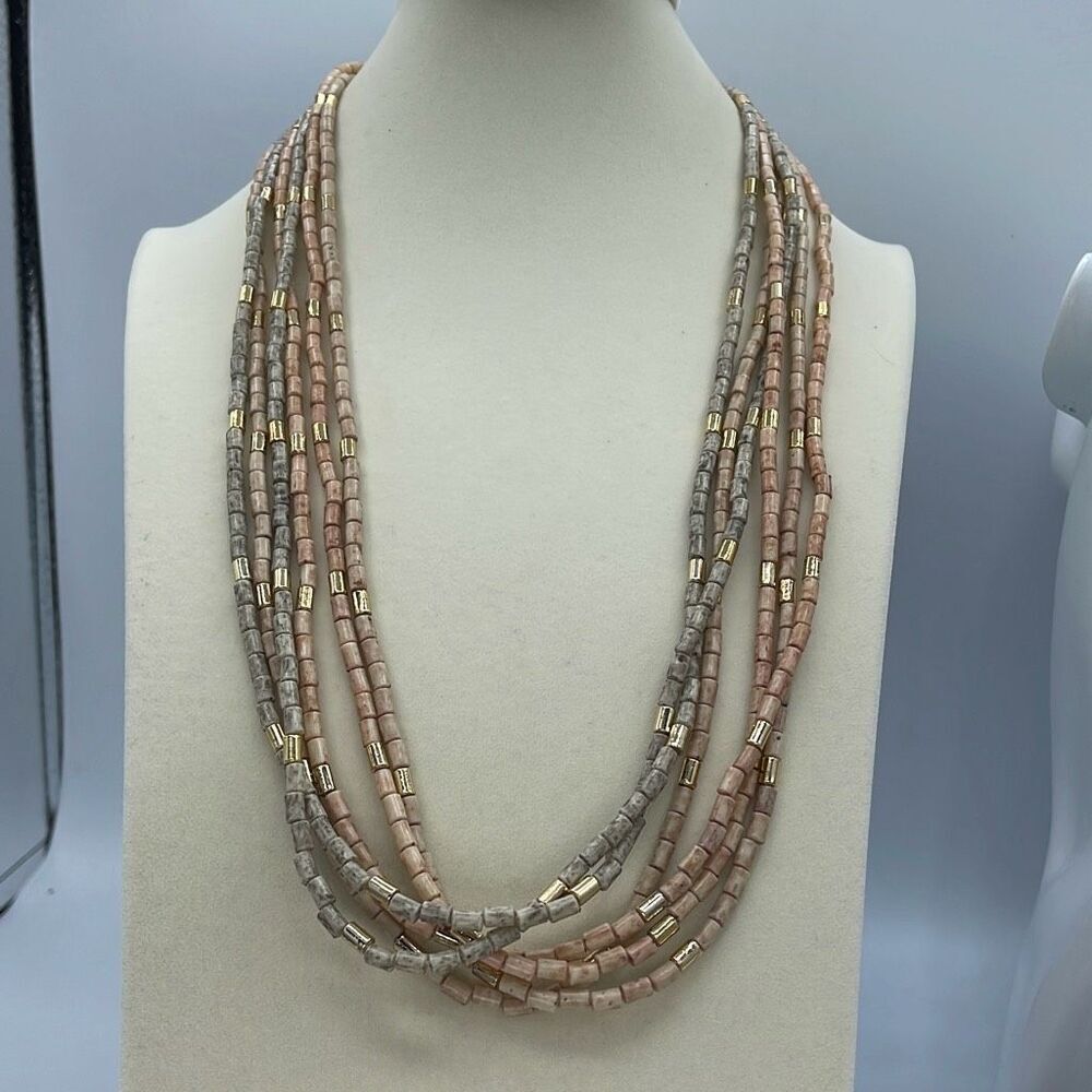 Five strand vintage long faux marbled necklace
